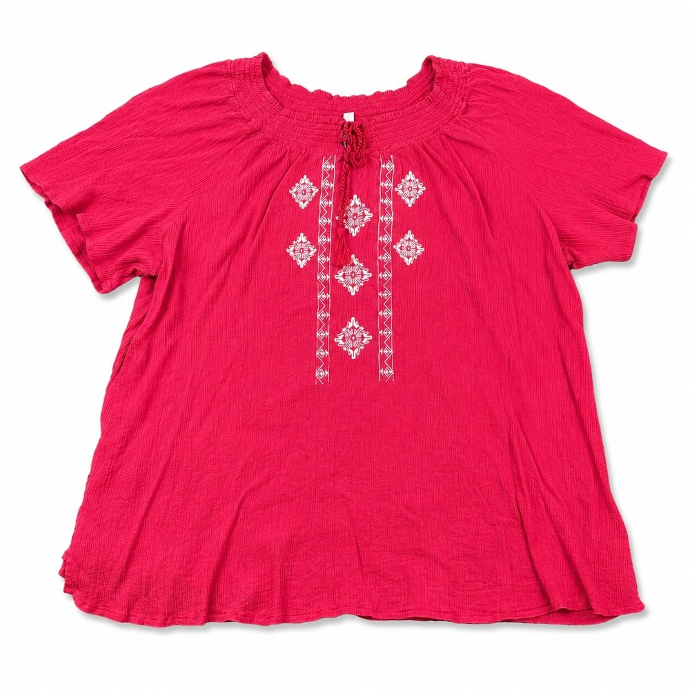 Catherines Peasant‎ Blouse Womens 5X Cotton Embroidered Boho Tassel Top